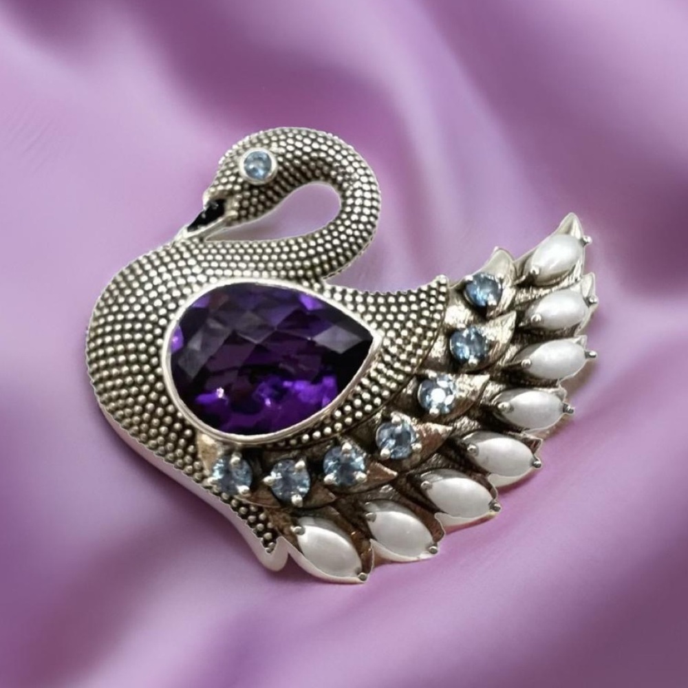 🌟NICKY BUTLER 925 Sterling Silver Purple Quartz Doublet Swan Pin Brooch NEW NB